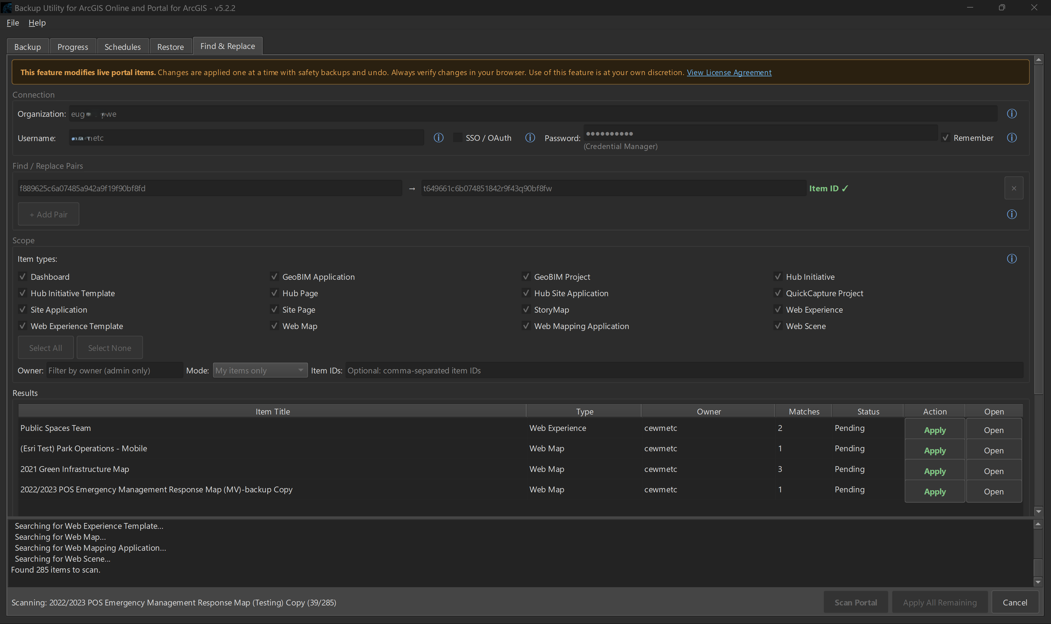 Backup Utility find and replace screen showing scope selection, match results, and per-item apply controls.