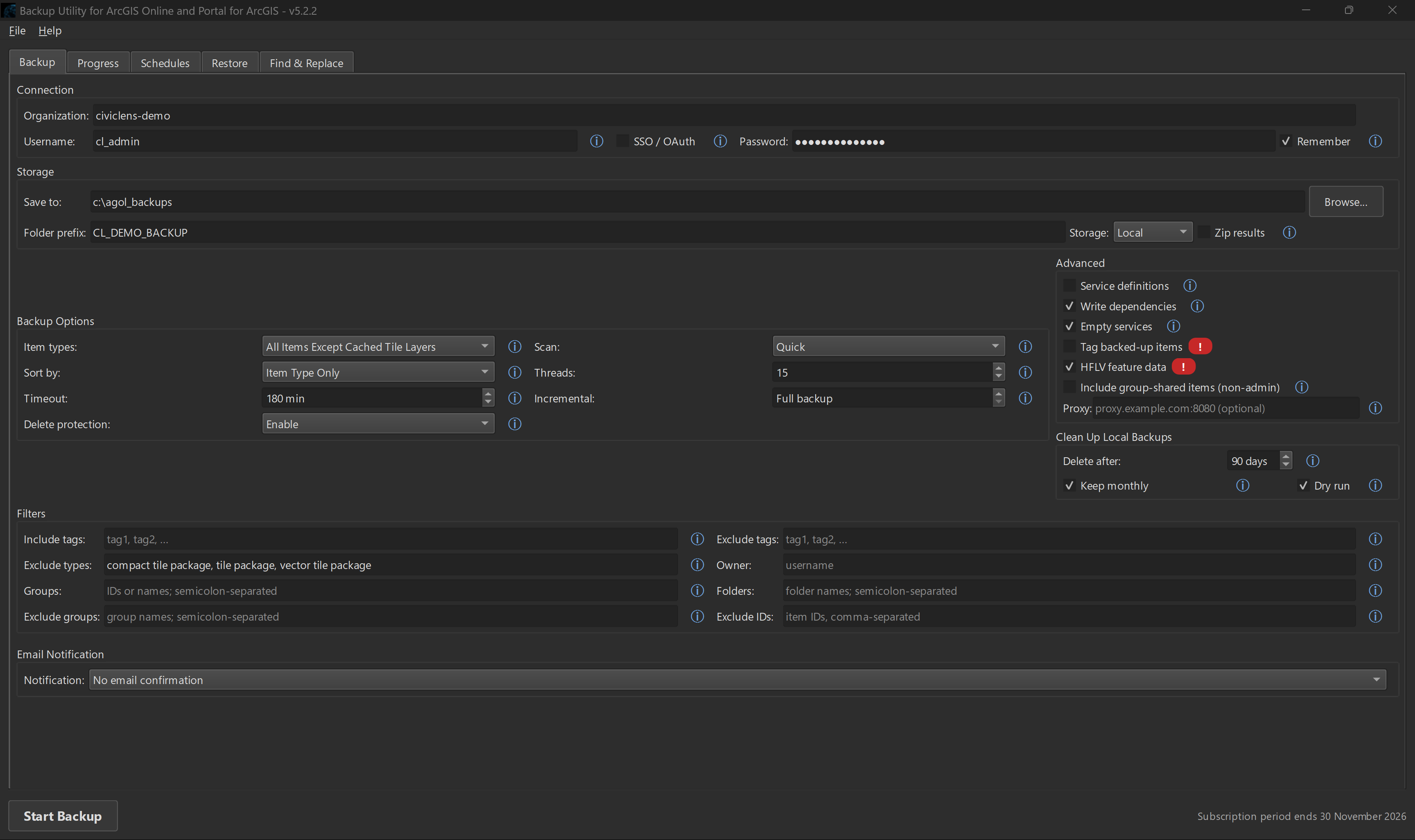 Backup Utility main configuration screen showing connection, storage, backup options, filters, and notification settings.