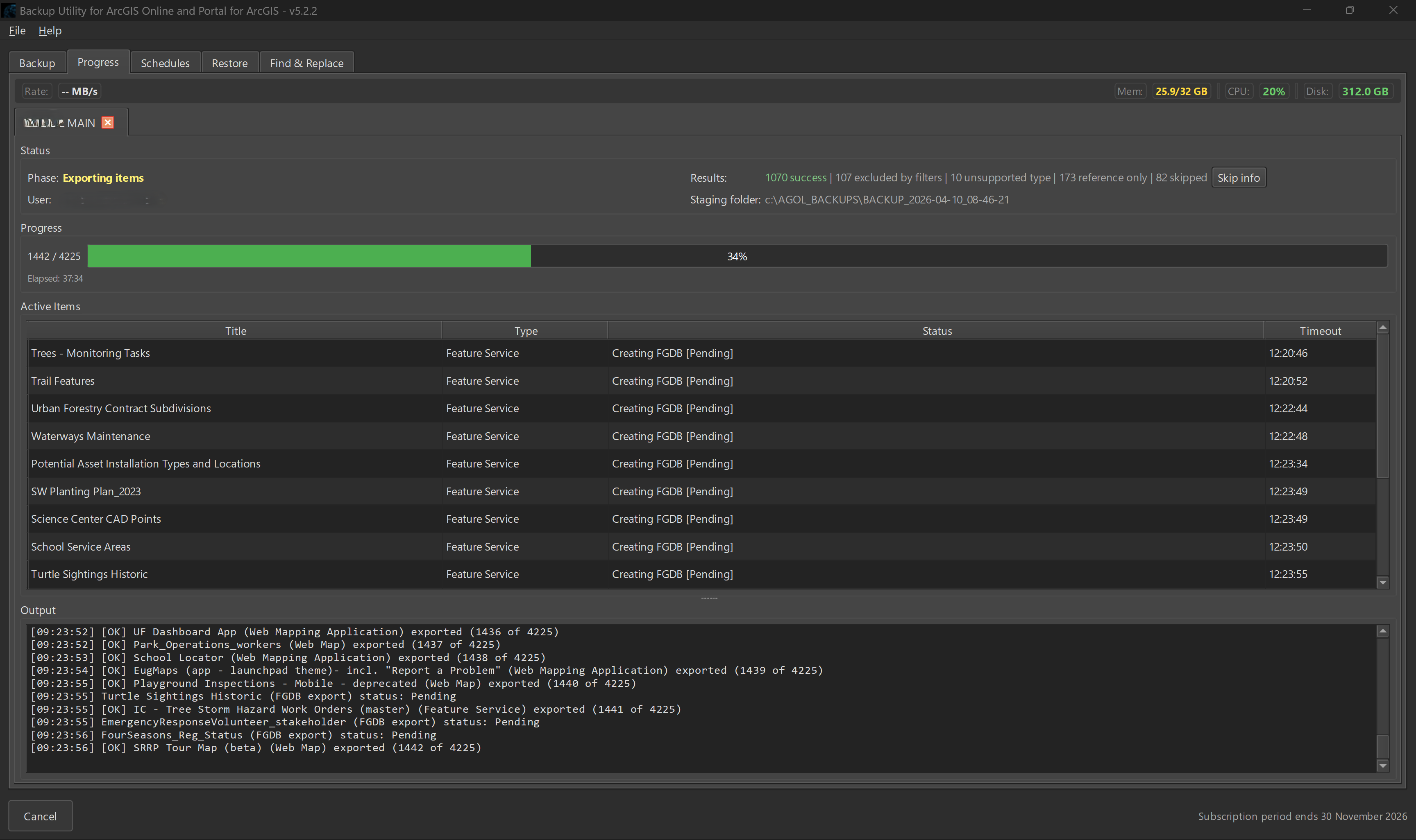 Backup Utility progress screen showing live status, exporting items, throughput, and detailed activity log.