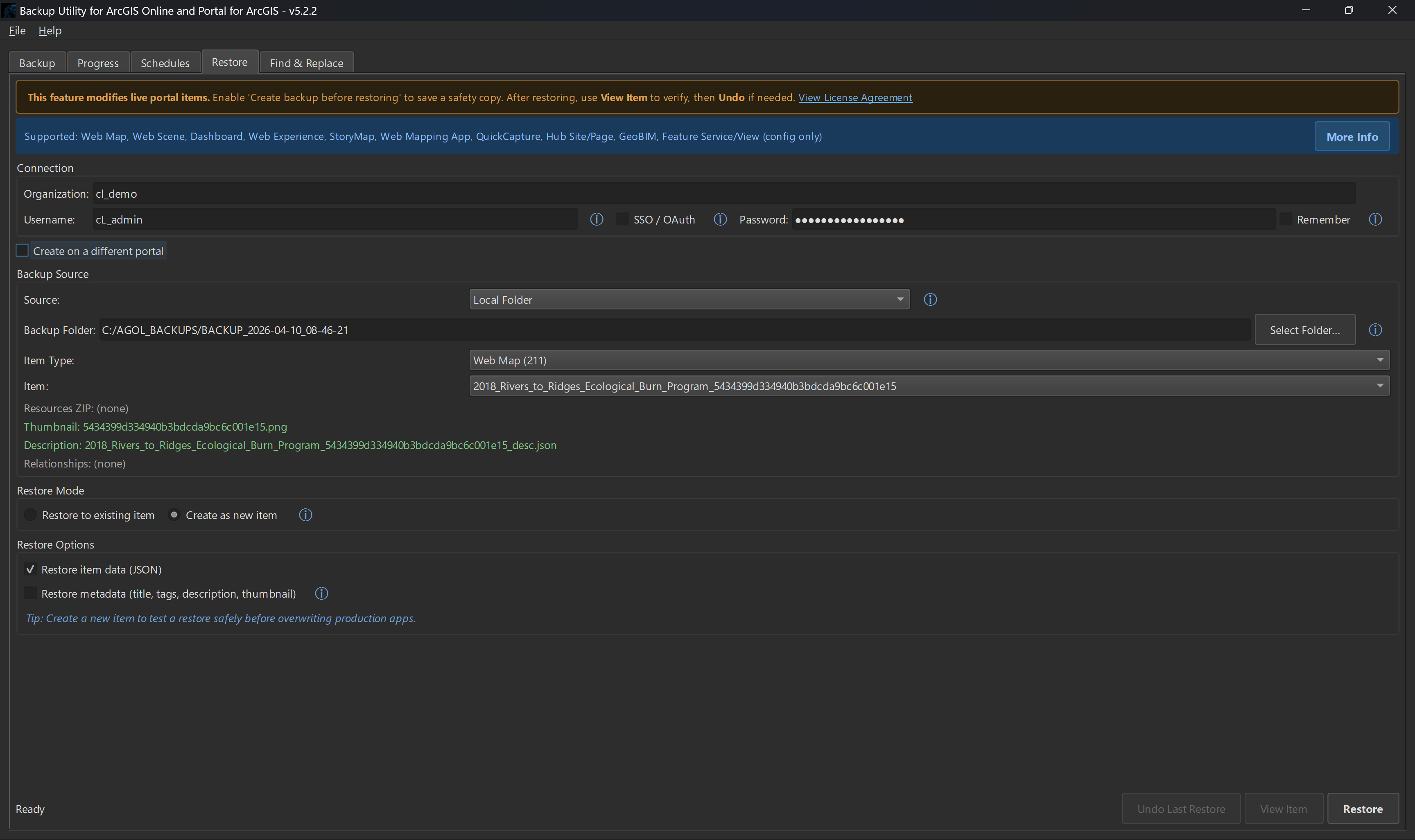 Backup Utility restore screen showing item selection, restore mode options, and find and replace controls.