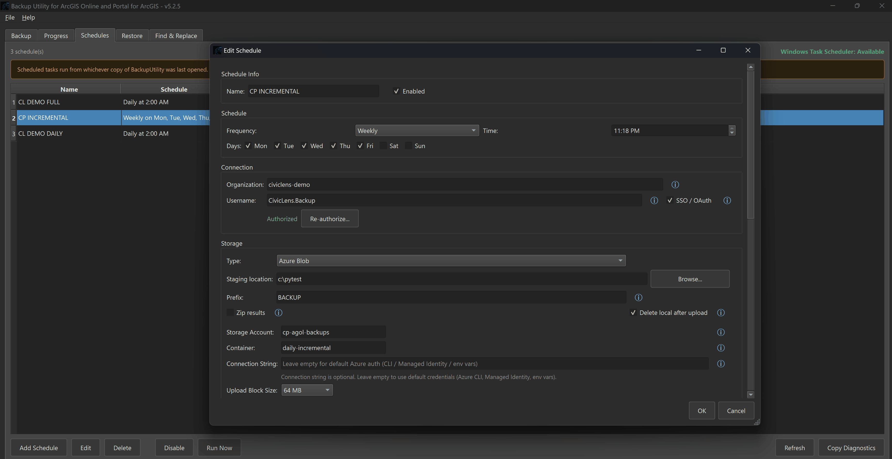 Backup Utility schedule editor showing frequency, days, connection, and storage settings for a recurring backup.